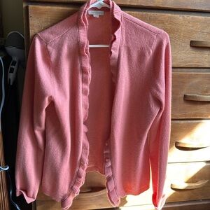 Garnet Hill Women's M Pink Ruffle Trim 100% Cashmere Button Front Cardigan